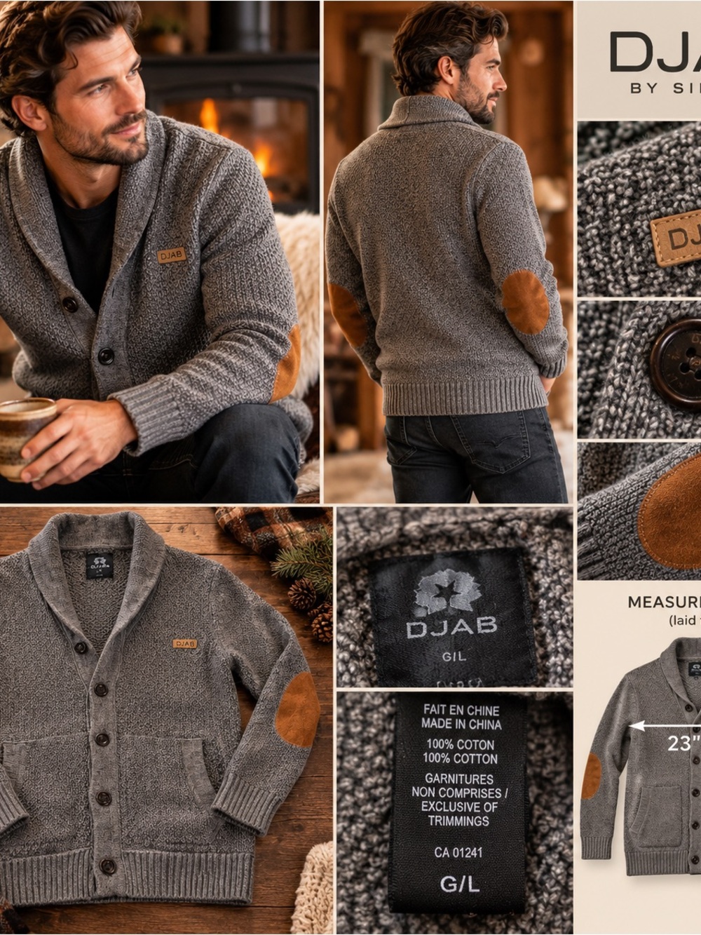 DJAB Simons Men’s Gray Knit Cardigan – Suede Look Elbow Patches – Large